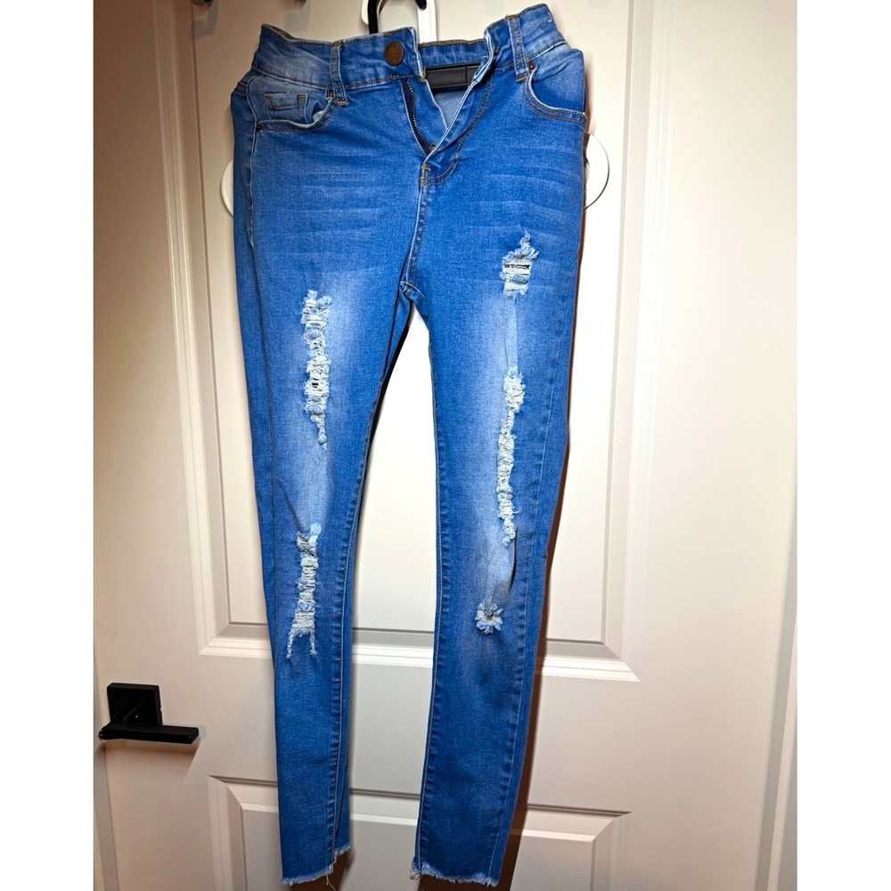 Bamboo Women's Skinny Jeans Blue Medium Wash Distressed Denim 5-Pocket